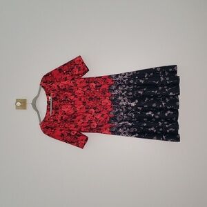 Julian Taylor Midi Dress 16 Red Black Gray Roses A-Line Wedding Guest Church